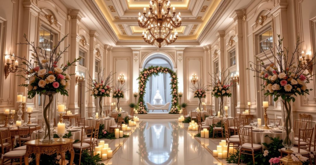 A luxurious event hall featuring flower filled arrangements and glimmering candles, no people, no animals, Generative AI