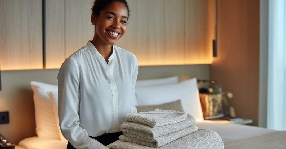 A housekeeper smiles while holding a stack of clean towels in a stylish hotel room. The space features soft lighting and elegant furnishings, creating a welcoming atmosphere.